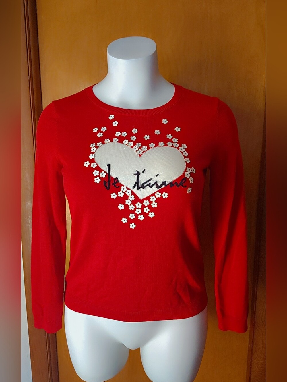 🖤NWOT Talbots Red 'Je t'aime' Floral Heart Sweater Size L - Cotton/Rayon🖤 - Picture 3 of 8